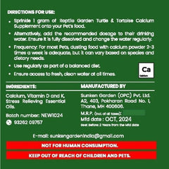 Reptile Garden Turtle & Tortoise Calcium Supplement – With Vitamins D & K + Stress-Relieving Essential Oils (100g)