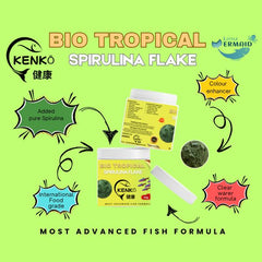 KENKO Bio Tropical Spirulina Flake - 40g | Advanced Formula Flake Food with Spirulina for All Kinds of Cichlids, Tetras, and Marine Fish | High Protein, Natural Color Enhancer, Clean Water Formula