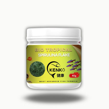 KENKO Bio Tropical Spirulina Flake - 40g | Advanced Formula Flake Food with Spirulina for All Kinds of Cichlids, Tetras, and Marine Fish | High Protein, Natural Color Enhancer, Clean Water Formula
